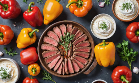 Sliced beef with bell peppers and creamy sauce, a delicious mealの素材