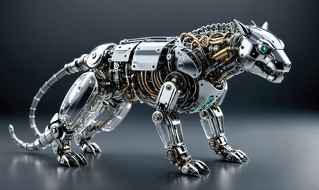 A metallic, robotic dog stands on a dark, reflective surfaceの素材