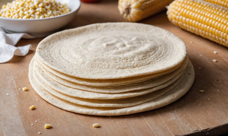 A stack of fresh tortillas sits on a wooden counter, ready to be used for a delicious mealの素材