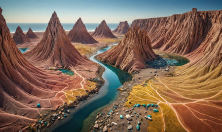 A winding river cuts through a valley of red, orange, and yellow rock formations in a desert landscapeの素材