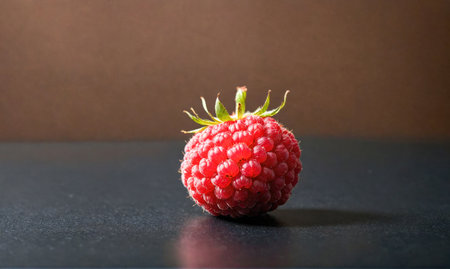A single, ripe raspberry sits on a dark surface, illuminated by a warm lightの素材