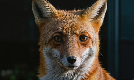 A red fox stares intently into the camera, its fur illuminated by the setting sunの素材