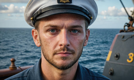 A young sailor stands on the deck of a ship, looking out at the blue oceanの素材
