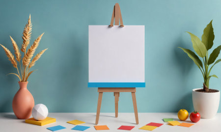 A blank canvas on an easel sits in front of a light blue wall with colorful accentsの素材