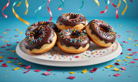 Five chocolate-frosted donuts with colorful sprinkles sit on a white plate, surrounded by confettiの素材