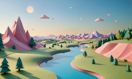 A papercraft landscape with mountains, a winding river, and trees under a clear skyの素材