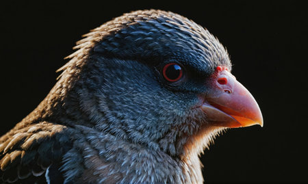 A close-up of a blue petrels head, showcasing its distinctive blue feathers and bright red beakの素材