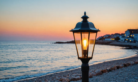 A single lamp post shines brightly on a beach at sunsetの素材