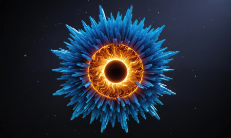 A blue and orange abstract artwork features a glowing ring surrounding a dark circle in a dark blue backgroundの素材