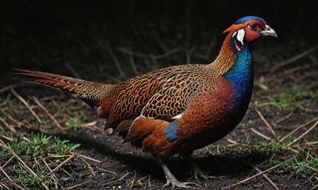 A colorful pheasant stands on the ground, its feathers blending with the natural surroundingsの素材