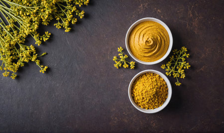 Mustard flowers, ground mustard, and mustard sauce are displayed on a dark countertopの素材