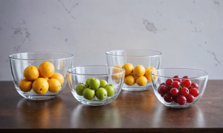 Four glass bowls filled with various fruits sit on a wood countertopの素材