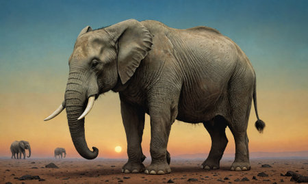 A large elephant stands in the African savanna at sunset with two smaller elephants in the distanceの素材