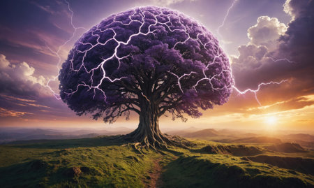 A large tree with lightning striking through its branches stands on a grassy hill at sunsetの素材