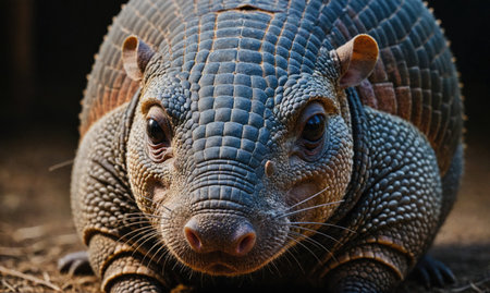A nine-banded armadillo stares intensely at the camera while exploring its environmentの素材