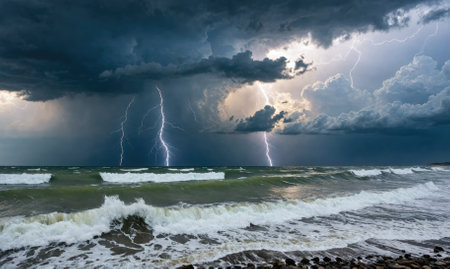 Lightning strikes over a choppy ocean as a storm rolls inの素材