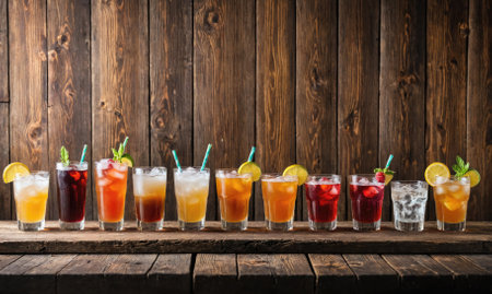 A row of refreshing iced drinks sits on a wooden table, ready to quench your thirst on a hot dayの素材