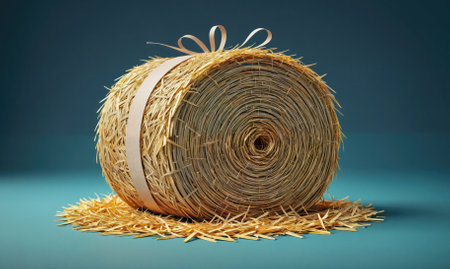 A hay bale tied with a white ribbon sits on a teal backgroundの素材