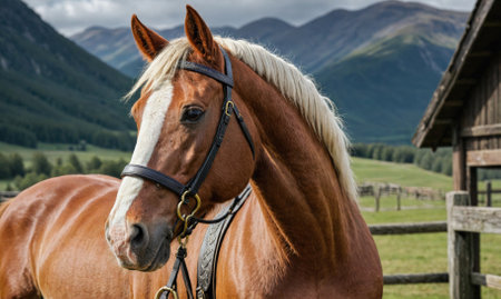 A chestnut horse with a white blaze stands in a field, mountains in the backgroundの素材