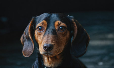 A small black and brown dog stares intently at the camera with its big brown eyesの素材