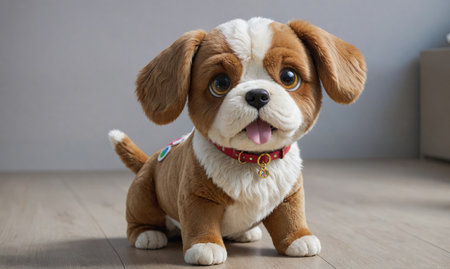 A brown and white plush puppy sits on a wood floor in a homeの素材