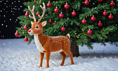 A plush reindeer stands next to a decorated Christmas tree in the snowの素材
