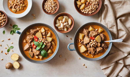 Two bowls of creamy red Thai curry with meat, potatoes, and cashewsの素材