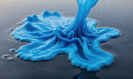 Blue liquid splashes into a pool of water, creating a vibrant blue shape that resembles an abstract flowerの素材