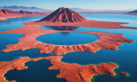 An aerial view of a large, red-rock island surrounded by turquoise water in a remote locationの素材