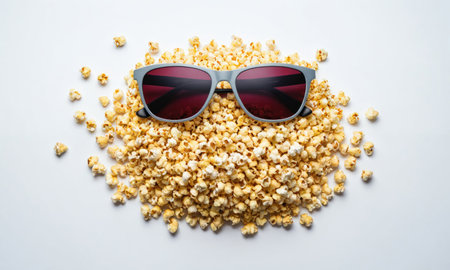 A pile of popcorn with sunglasses on top, perfect for movie nightの素材
