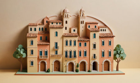 A close-up image of a paper model depicting a traditional Italian villageの素材