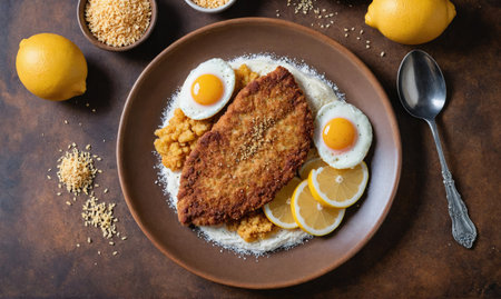 A fried schnitzel with two fried eggs, lemon slices, and a side of cornmeal on a brown plateの素材