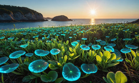 A field of blue flowers blooms at sunset near a rocky coastの素材
