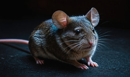 A small, gray rat sits on a dark surface, its whiskers twitchingの素材