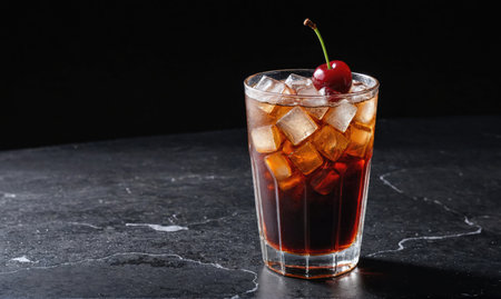 A glass of cola with ice and a cherry on top sits on a black marble surfaceの素材