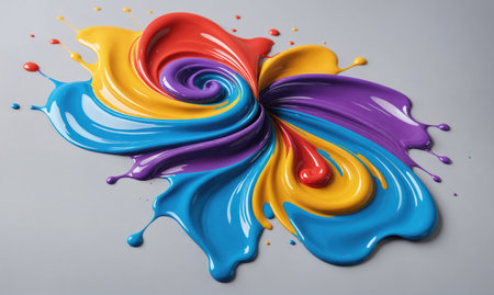 A vibrant splash of blue, yellow, purple, and red paint creates a swirling flower shape on a white surfaceの素材