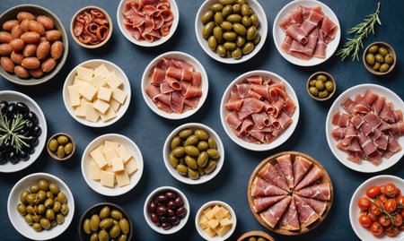 A variety of appetizers are arranged on a blue surfaceの素材