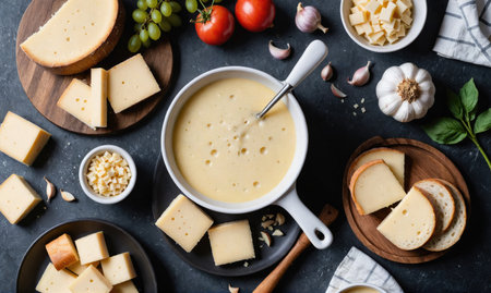 A pot of melted cheese fondue sits on a black table with ingredients like bread, garlic, and grapesの素材