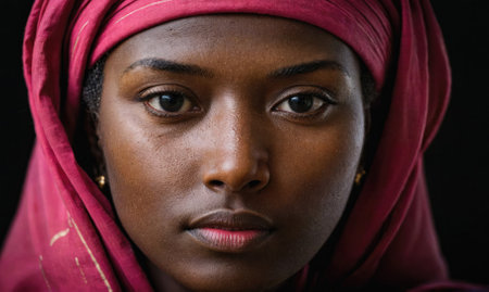 A young woman wearing a pink headscarf looks directly at the cameraの素材