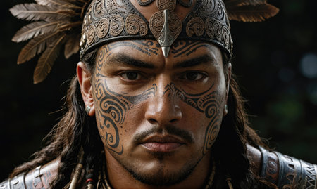 A man with elaborate facial tattoos and a headdress adorned with feathers stares intensely at the cameraの素材