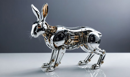 A metallic rabbit stands on a white surface with its intricate mechanical parts visibleの素材