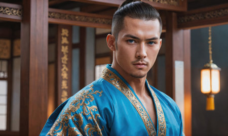 A man in a blue robe with gold embroidery stares intensely into the camera, standing in an ornate settingの素材