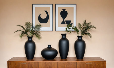 Four black vases sit on a wooden dresser against a peach wall, with two framed black and white abstract prints aboveの素材