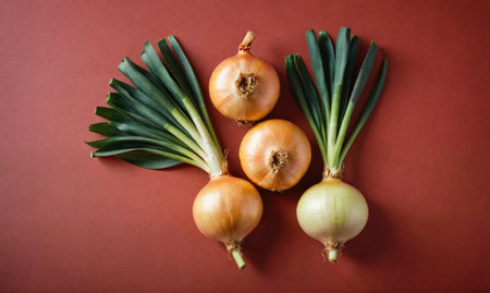 Three whole onions with green tops are arranged on a red surfaceの素材