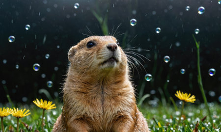 A prairie dog sits in a field of grass and wildflowers as rain falls around itの素材