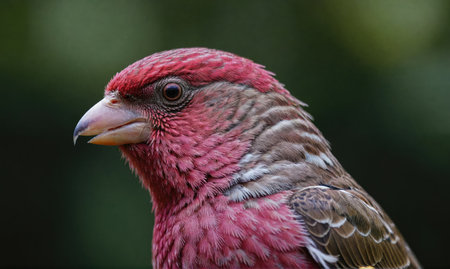 A pink-headed bird with gray wings stands on a branch in a forestの素材