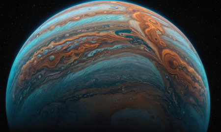 A close-up view of Jupiter, showing its swirling bands of clouds in intricate detailの素材