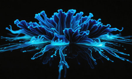 A close-up of blue ink swirling in water, creating an abstract floral patternの素材