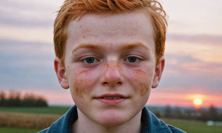 A young boy with red hair and freckles smiles at the camera during a sunset in a fieldの素材