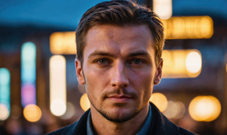 A man stands in front of a blurred city lights background at nightの素材